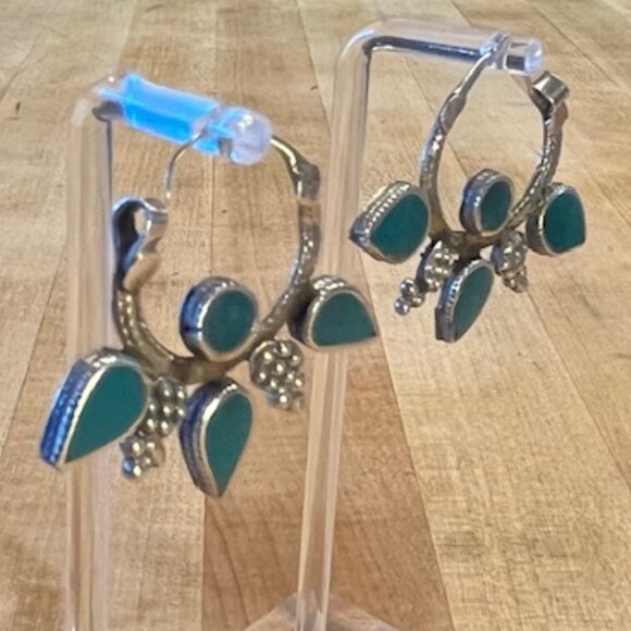 Antique Boho Vintage Turquoise Hoop Earrings - Picture 2 of 6